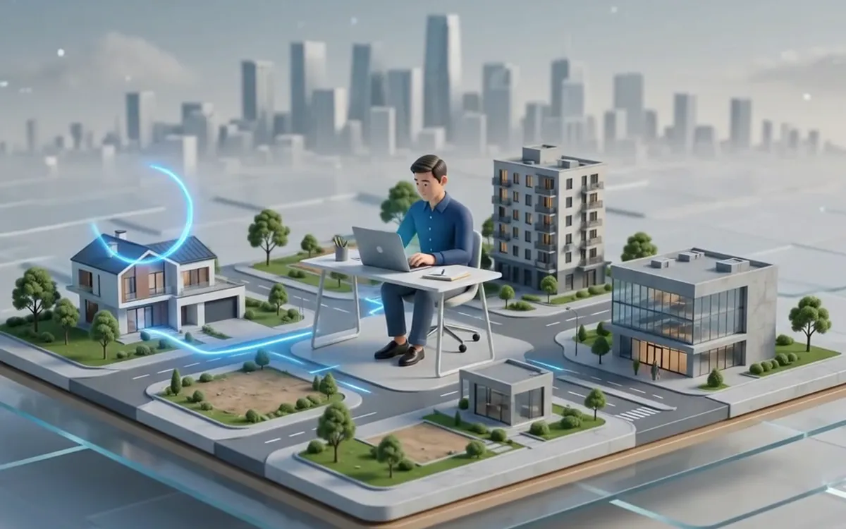 Real estate operations imagery from the 12NexusBPO site: a laptop at the centre of the work, linked by lines of light